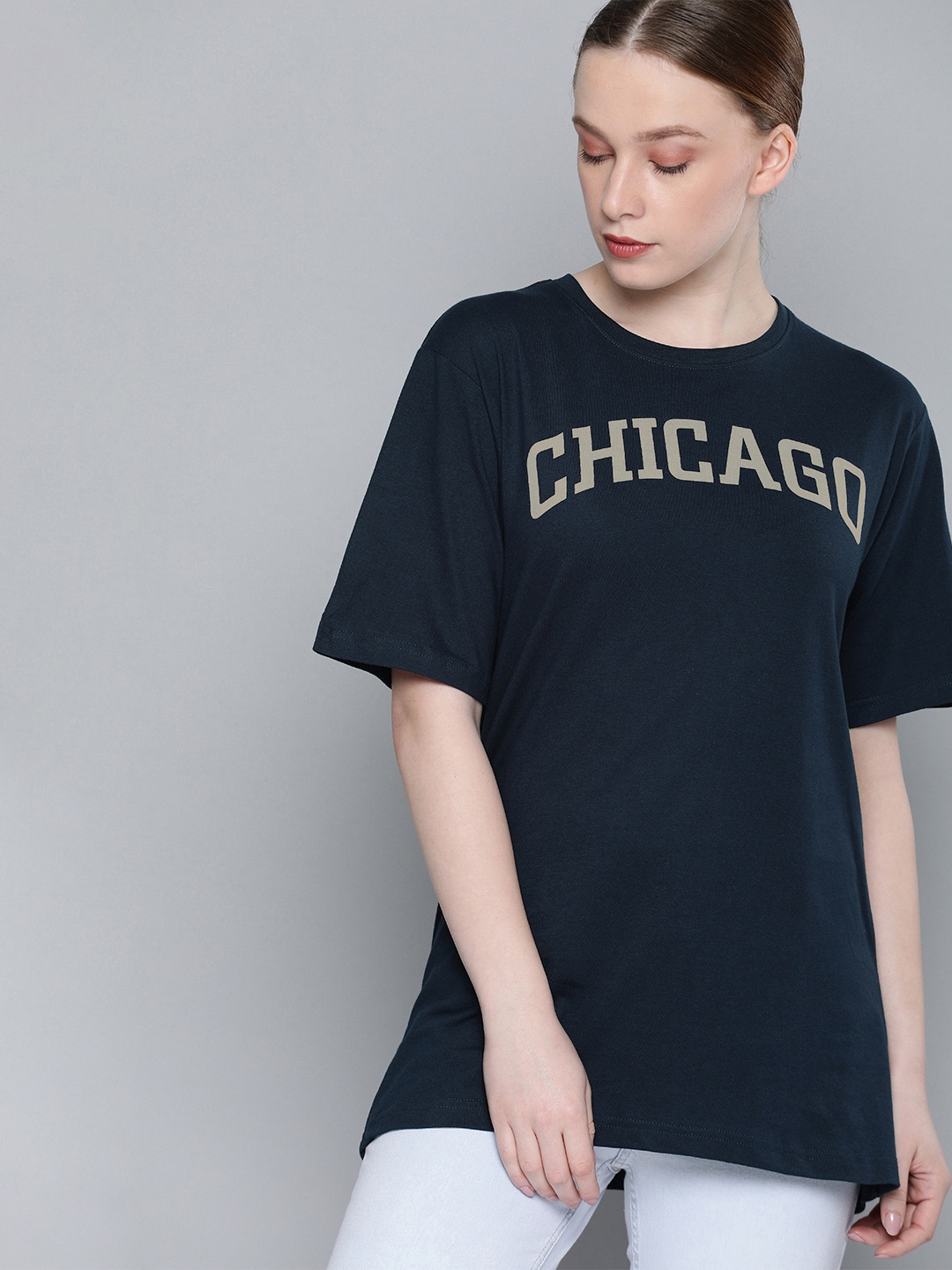 

DILLINGER Women Navy Blue Printed Round Neck Longline Oversized Pure Cotton T-shirt