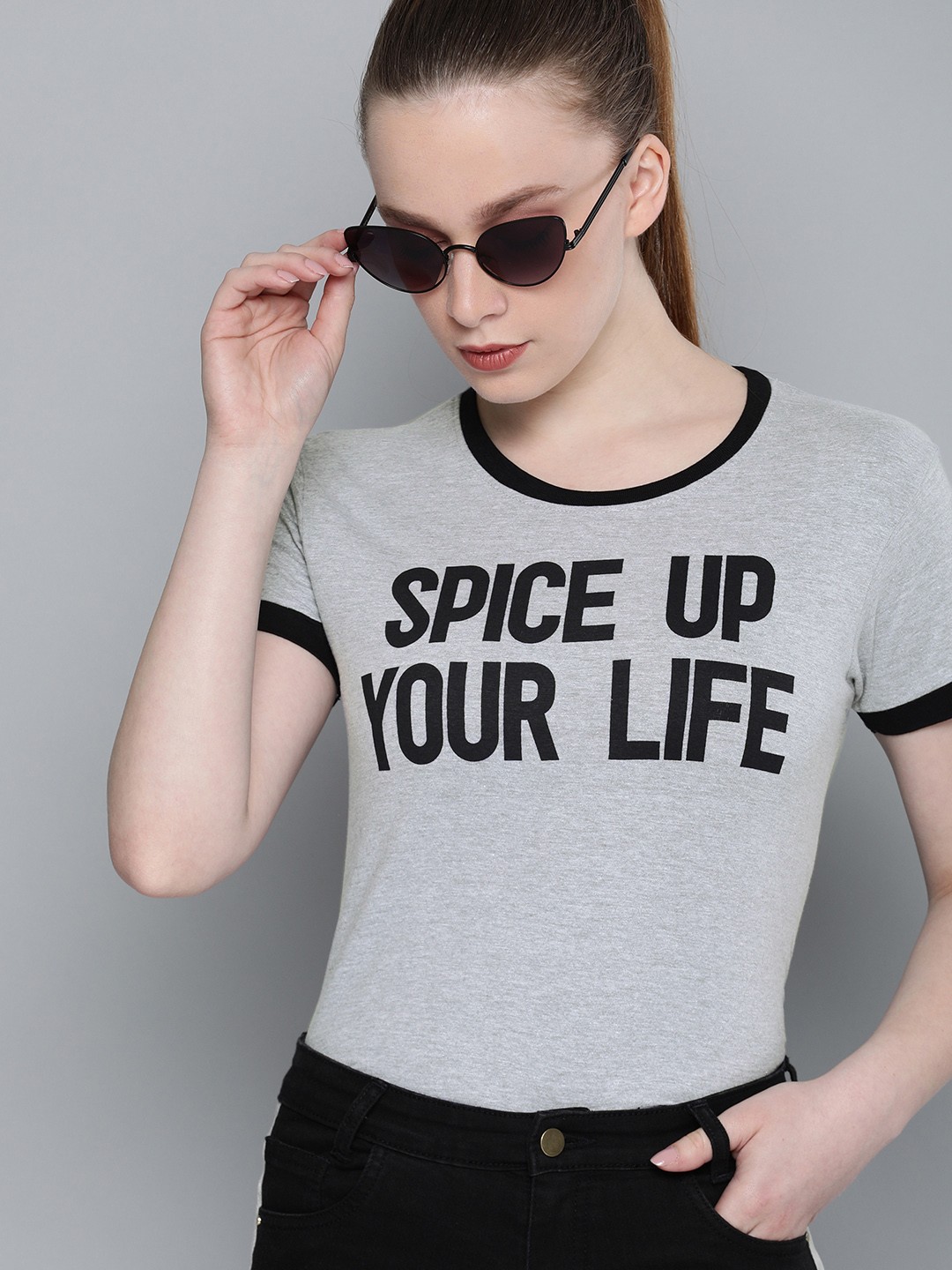 

DILLINGER Women Grey Melange Black Printed Round Neck Regular Fit Pure Cotton T-shirt