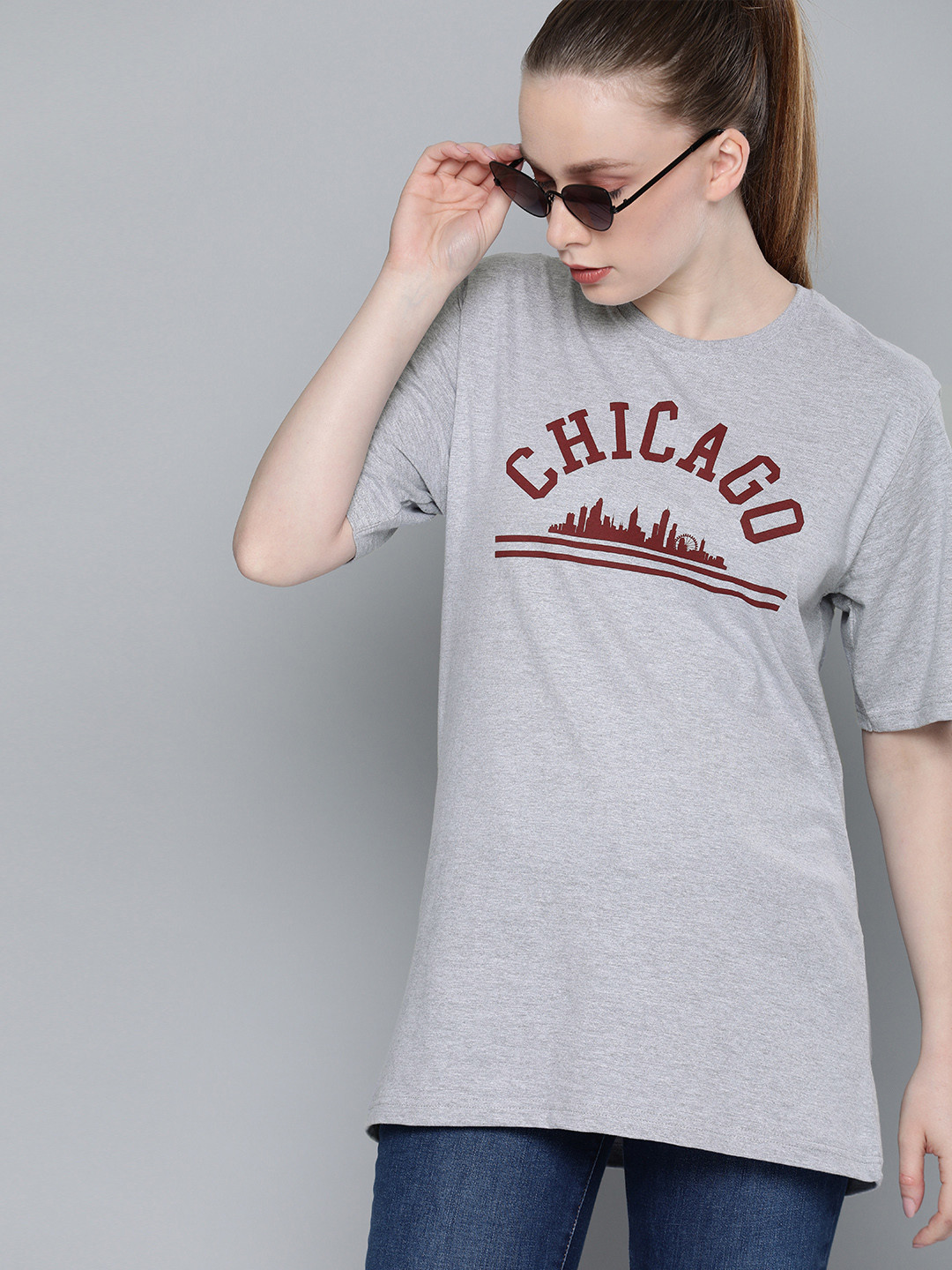 

DILLINGER Women Grey Printed Round Neck Longline Oversized Pure Cotton T-shirt