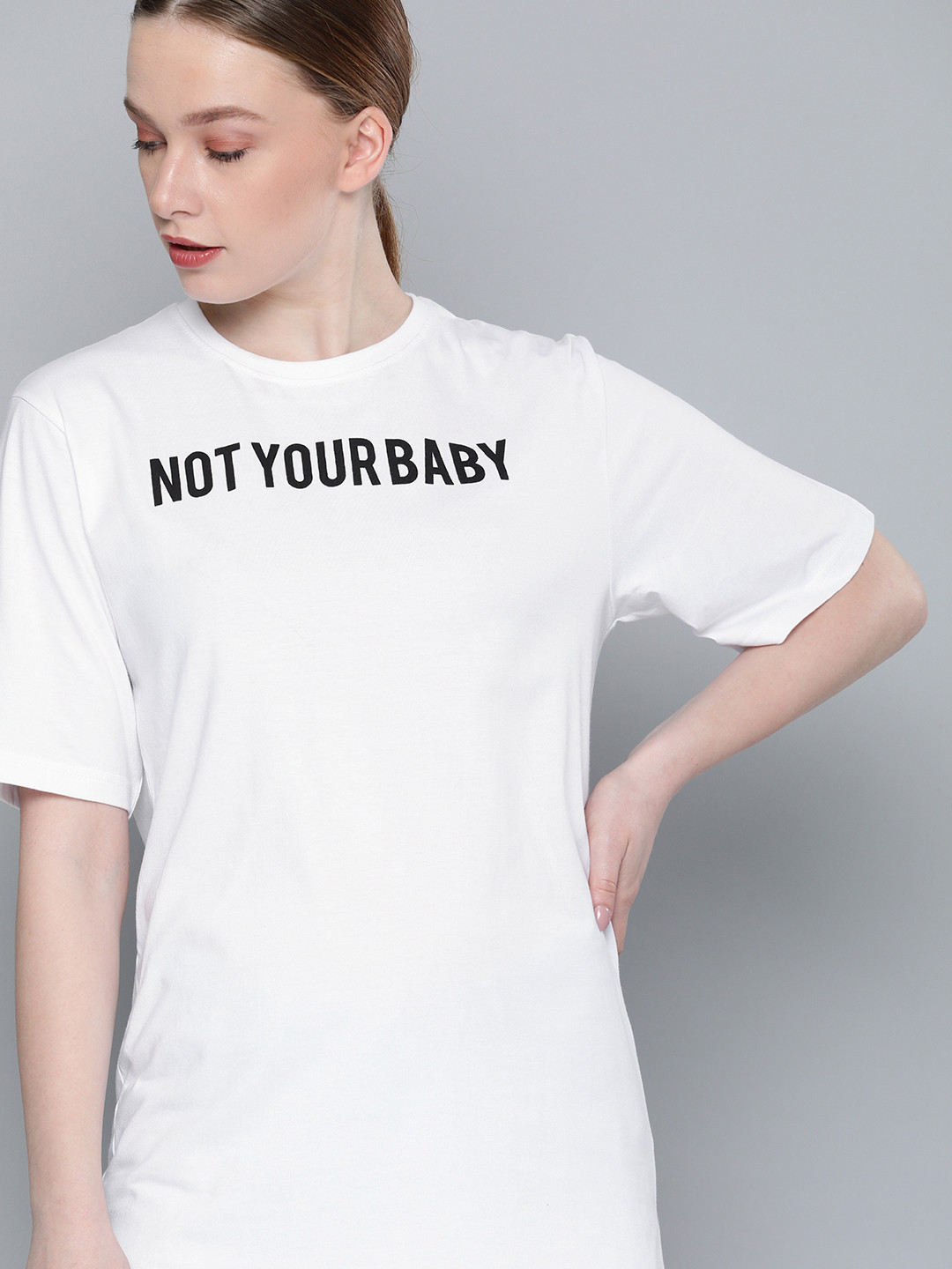 

DILLINGER Women White Printed Round Neck Longline Oversized Pure Cotton T-shirt