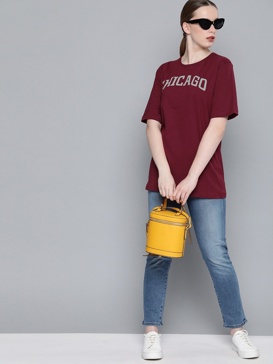 

DILLINGER Women Burgundy Printed Round Neck Longline Oversized Pure Cotton T-shirt