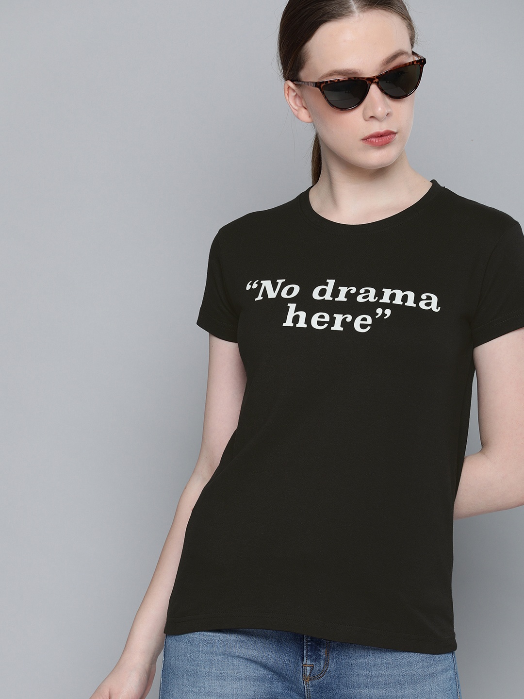 

DILLINGER Women Black Printed Round Neck Regular Fit Pure Cotton T-shirt