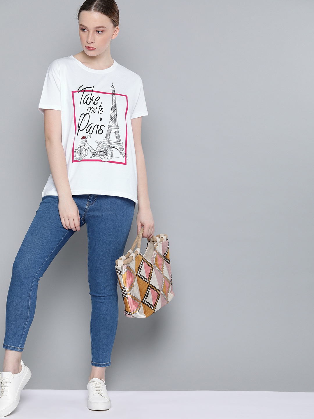 

DILLINGER Women White Printed Round Neck Regular Fit Pure Cotton T-shirt