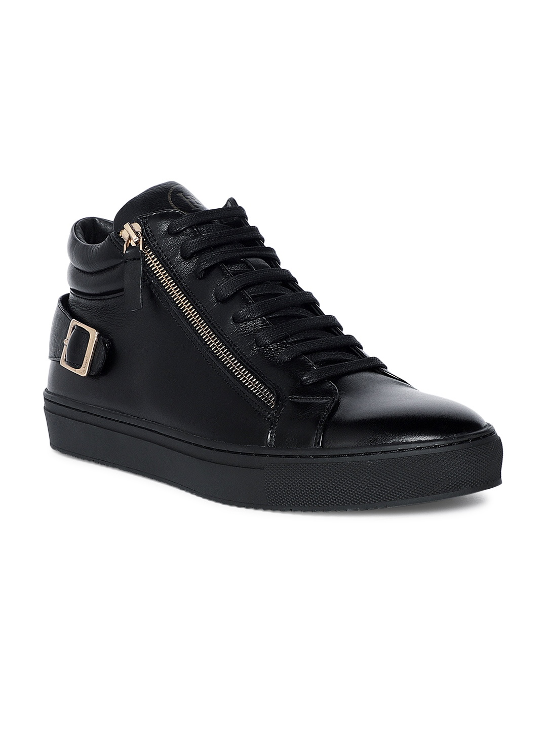 

Heel & Buckle London Men Black Solid Leather Mid-Top Sneakers