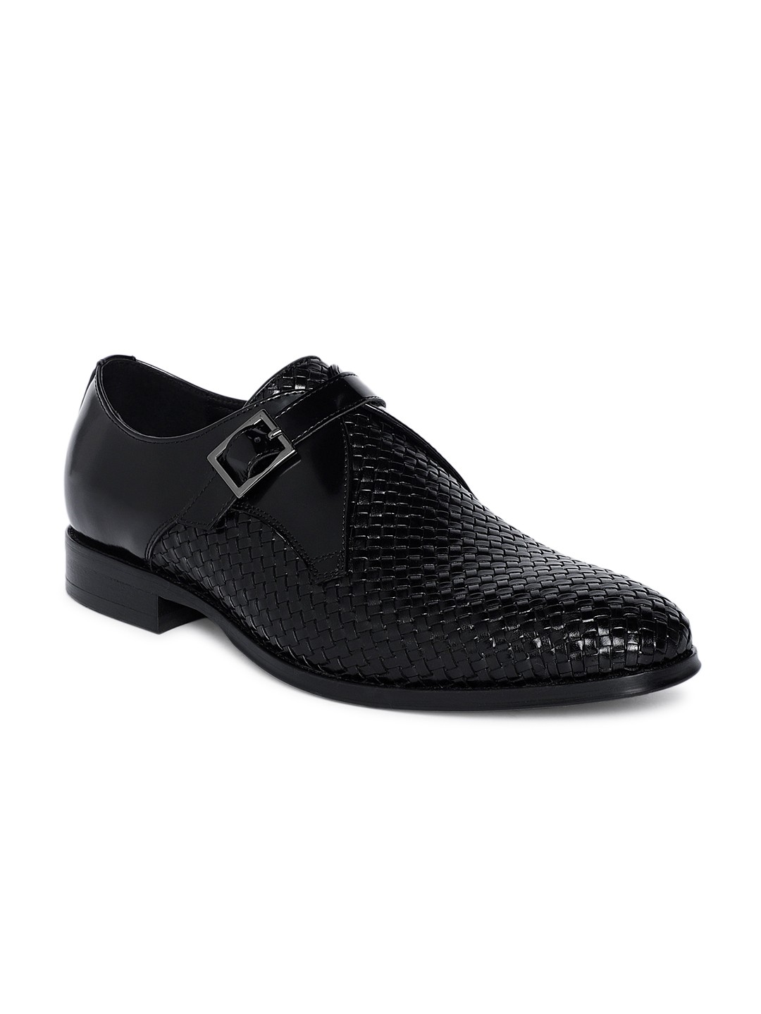 

Heel & Buckle London Men Black Woven Design Leather Monk Shoes