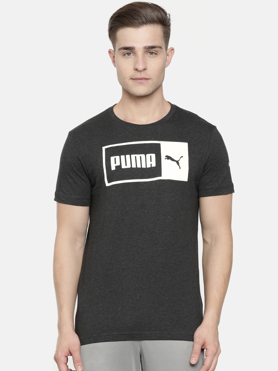 

Puma Men Charcoal Grey Printed Slim Fit Round Neck Logo Split Pure Cotton T-shirt