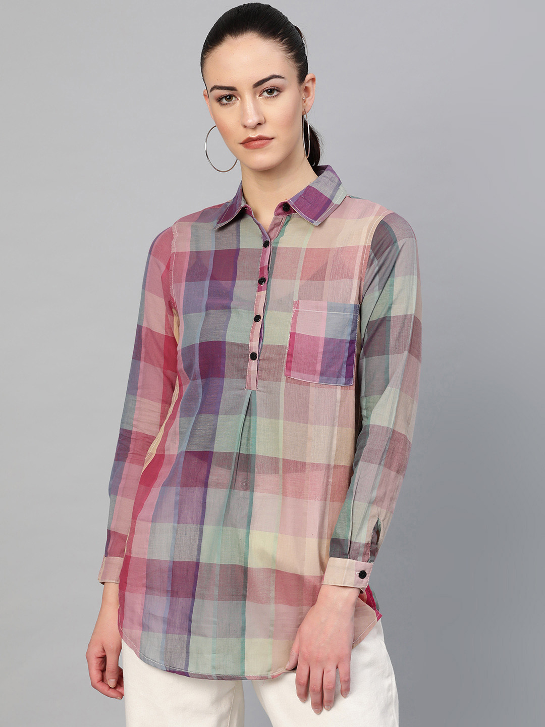 

I AM FOR YOU Women Purple & Blue Checked Pure Cotton Shirt Style Pure Cotton Top