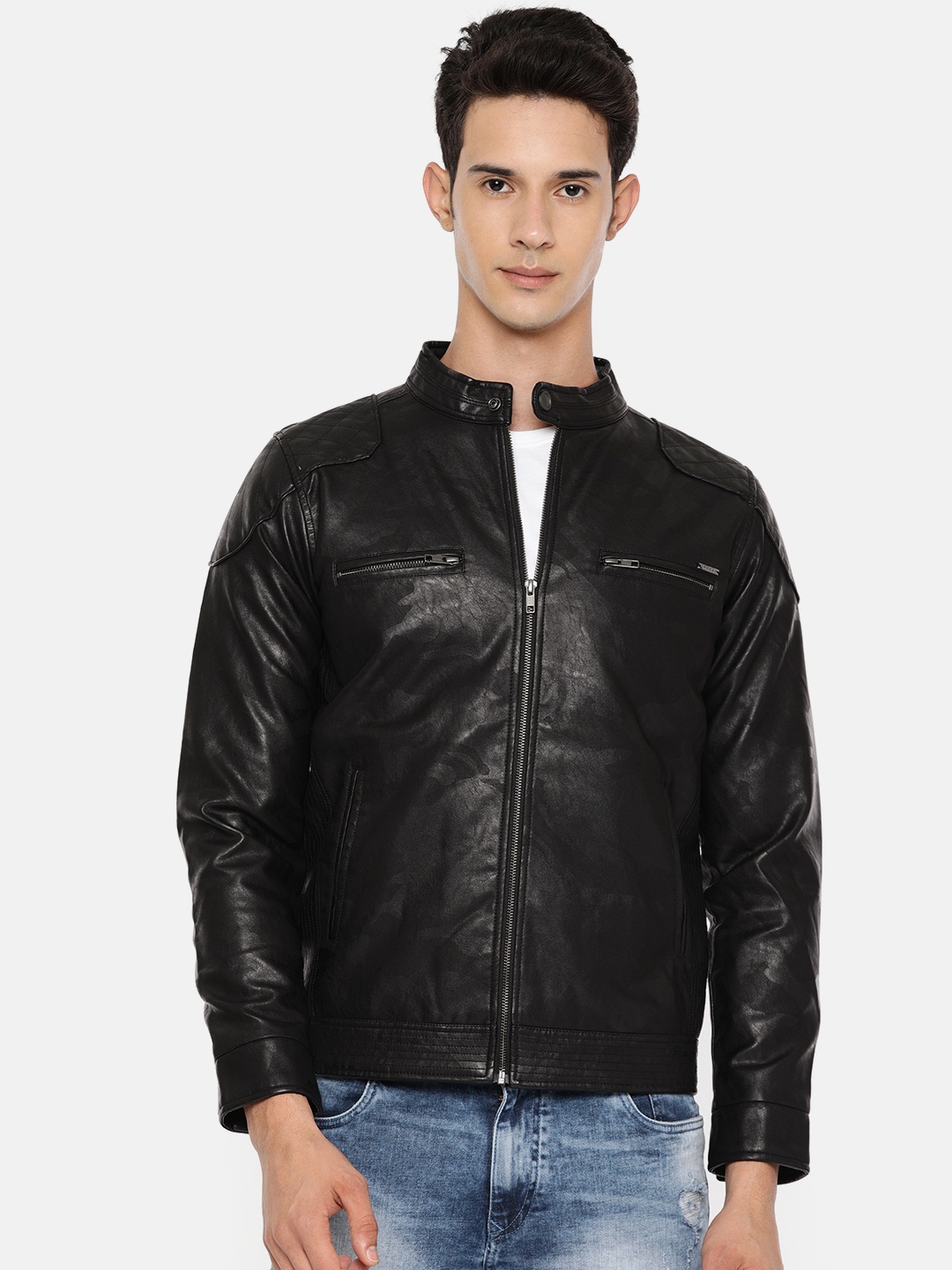 

SPYKAR Men Black Printed Insulator Biker Jacket