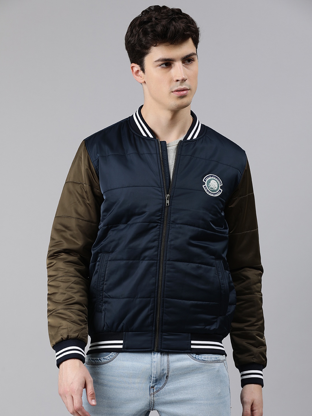 

SPYKAR Men Navy Blue Solid Insulator Varsity Jacket with Applique