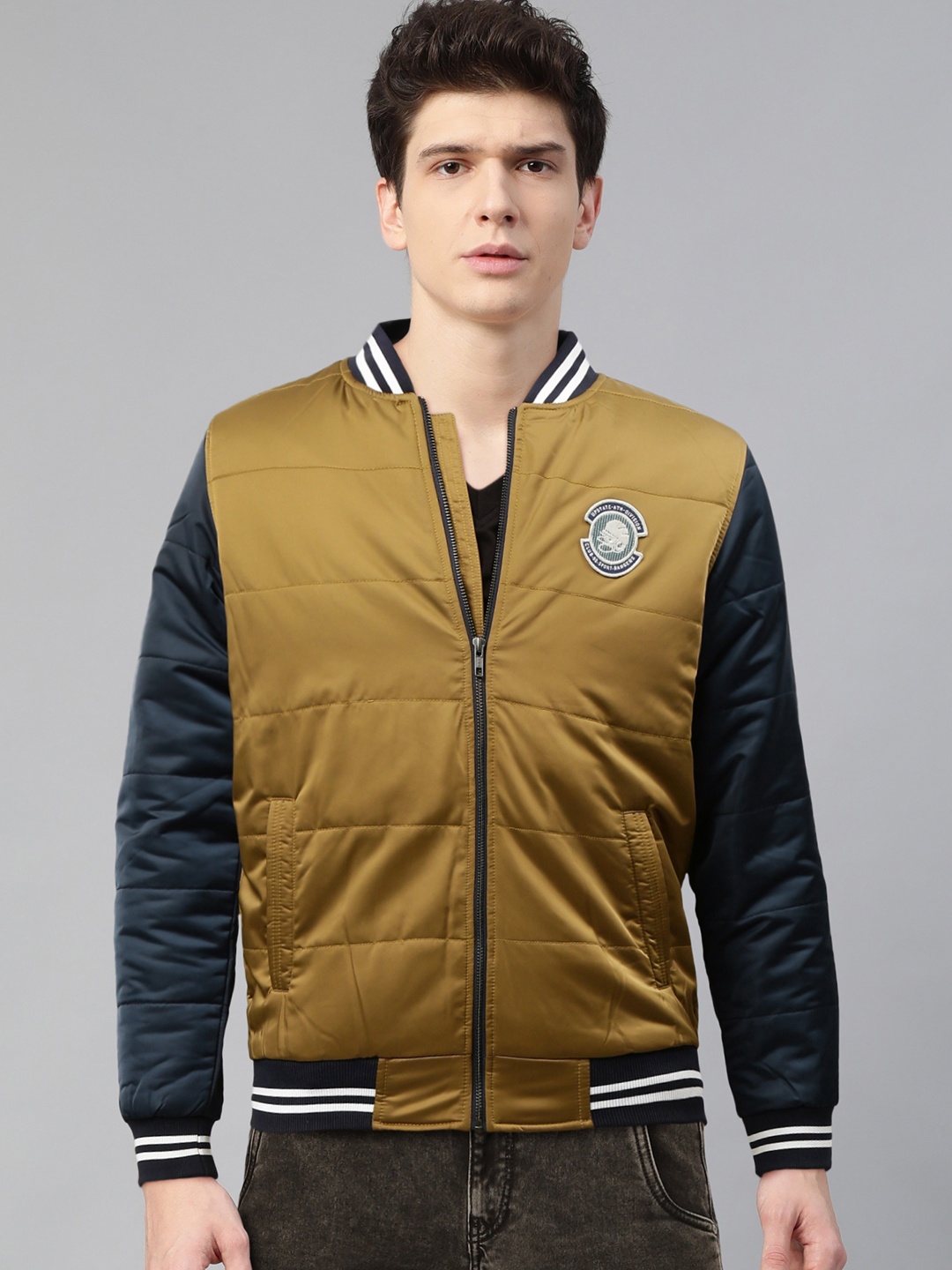 

SPYKAR Men Khaki & Navy Blue Solid Varsity Jacket