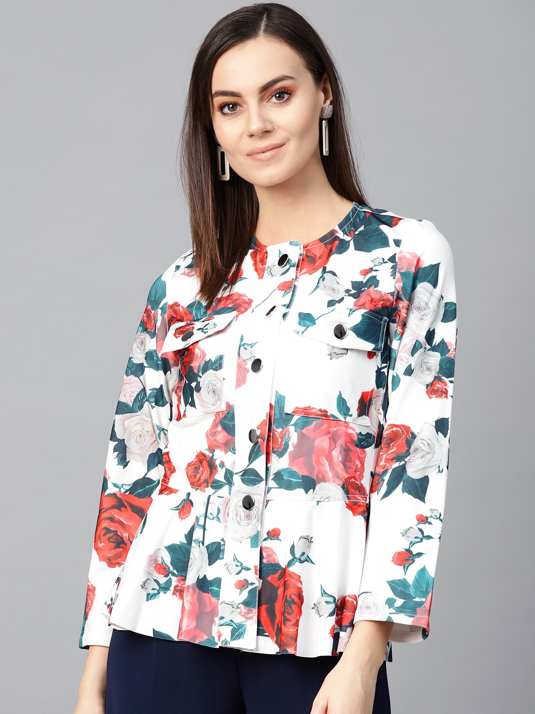

Zima Leto Women White & Red Printed Tailored Jacket
