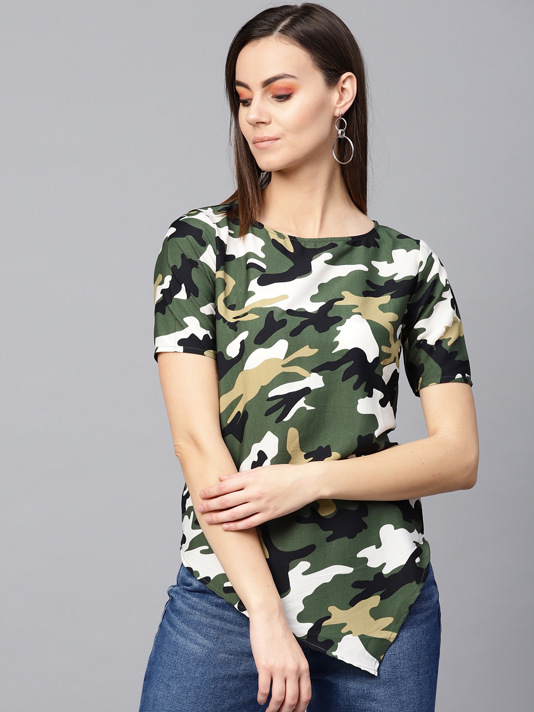 

Zima Leto Women Olive Green & Beige Camouflage Print Top