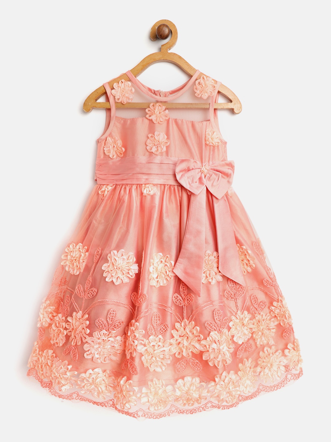 

pspeaches Girls Peach-Coloured Net Embellished Fit & Flare Dress with Bow Detail