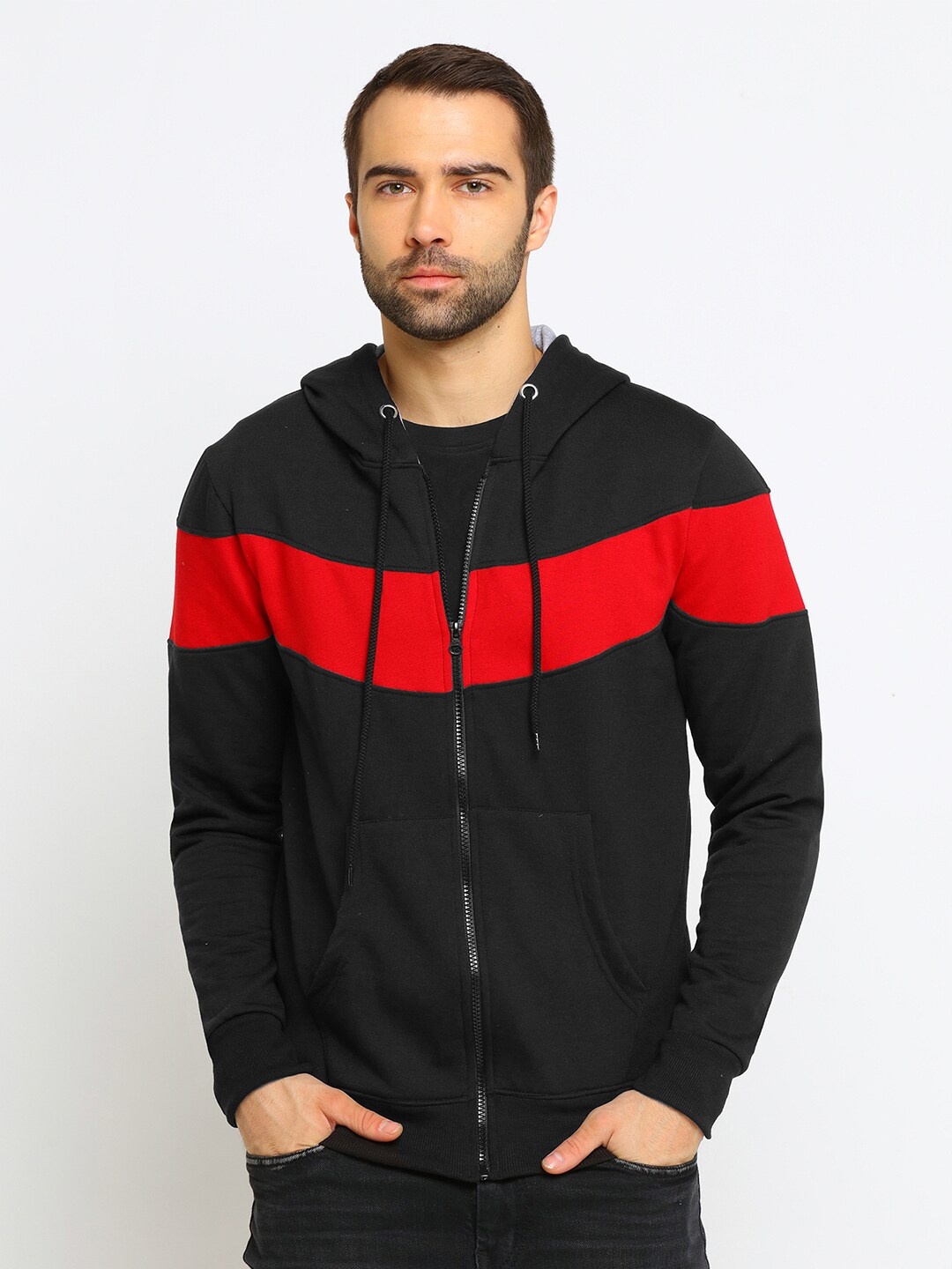 

Maniac Men Black & Red Colourblocked Hooded Sweatshirt