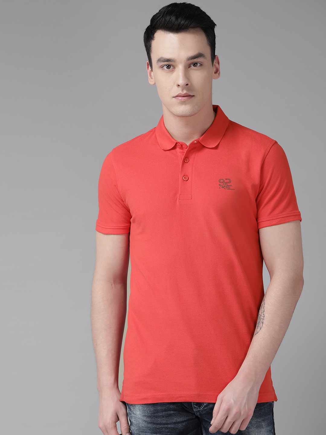 

SPYKAR Men Coral Red Solid Polo Collar Pure Cotton T-shirt