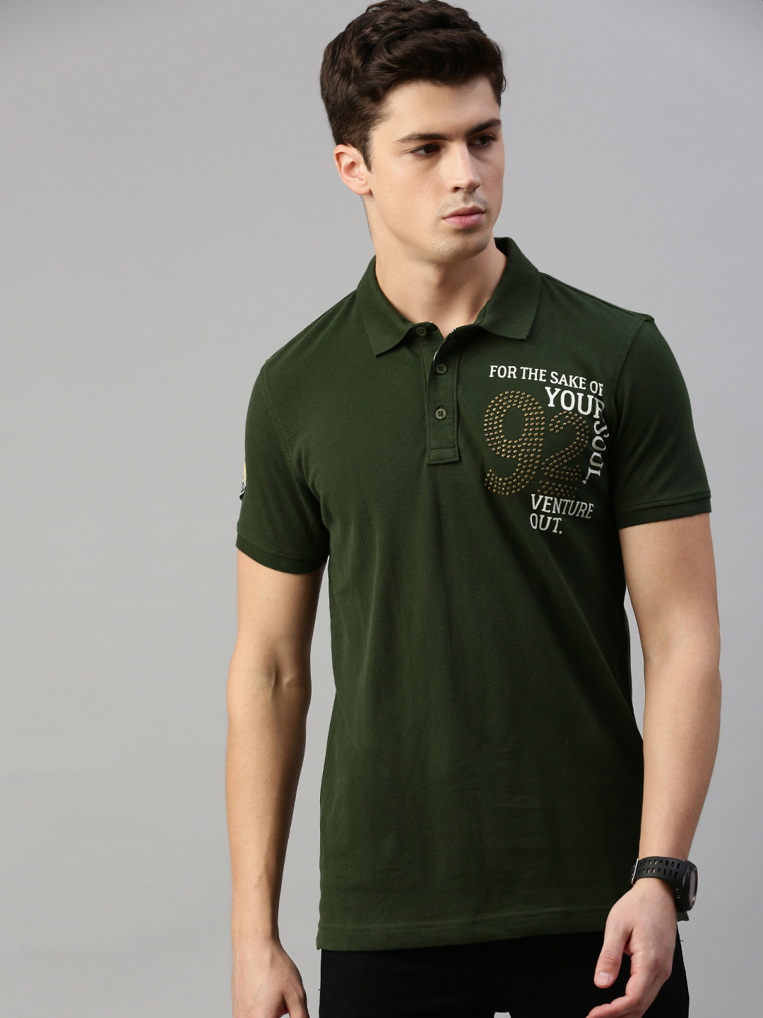 

SPYKAR Men Olive Green Printed Polo Collar Pure Cotton T-shirt with Embellished Detailing