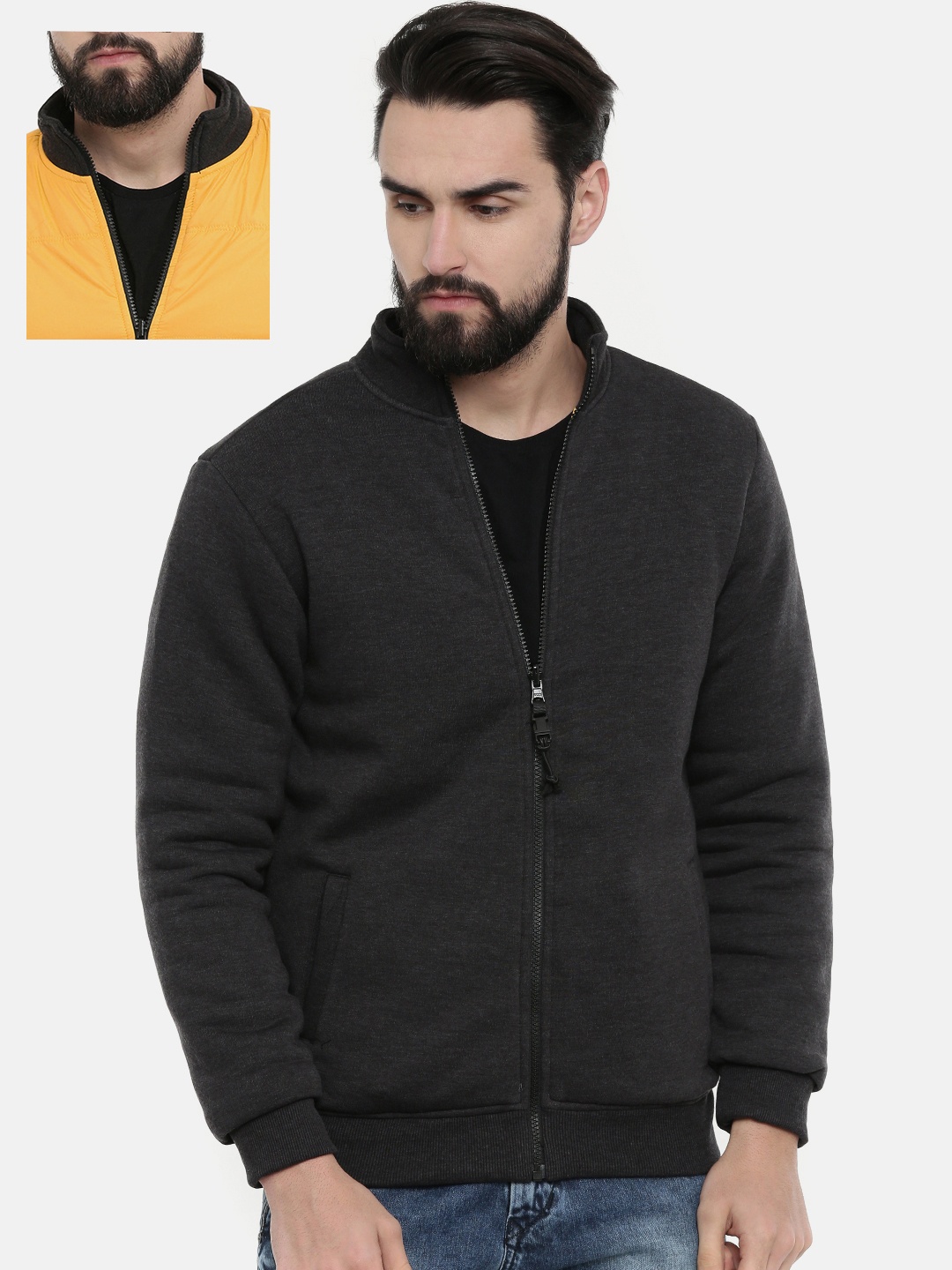 

SPYKAR Men Charcoal Grey & Yellow Solid Sweatshirt