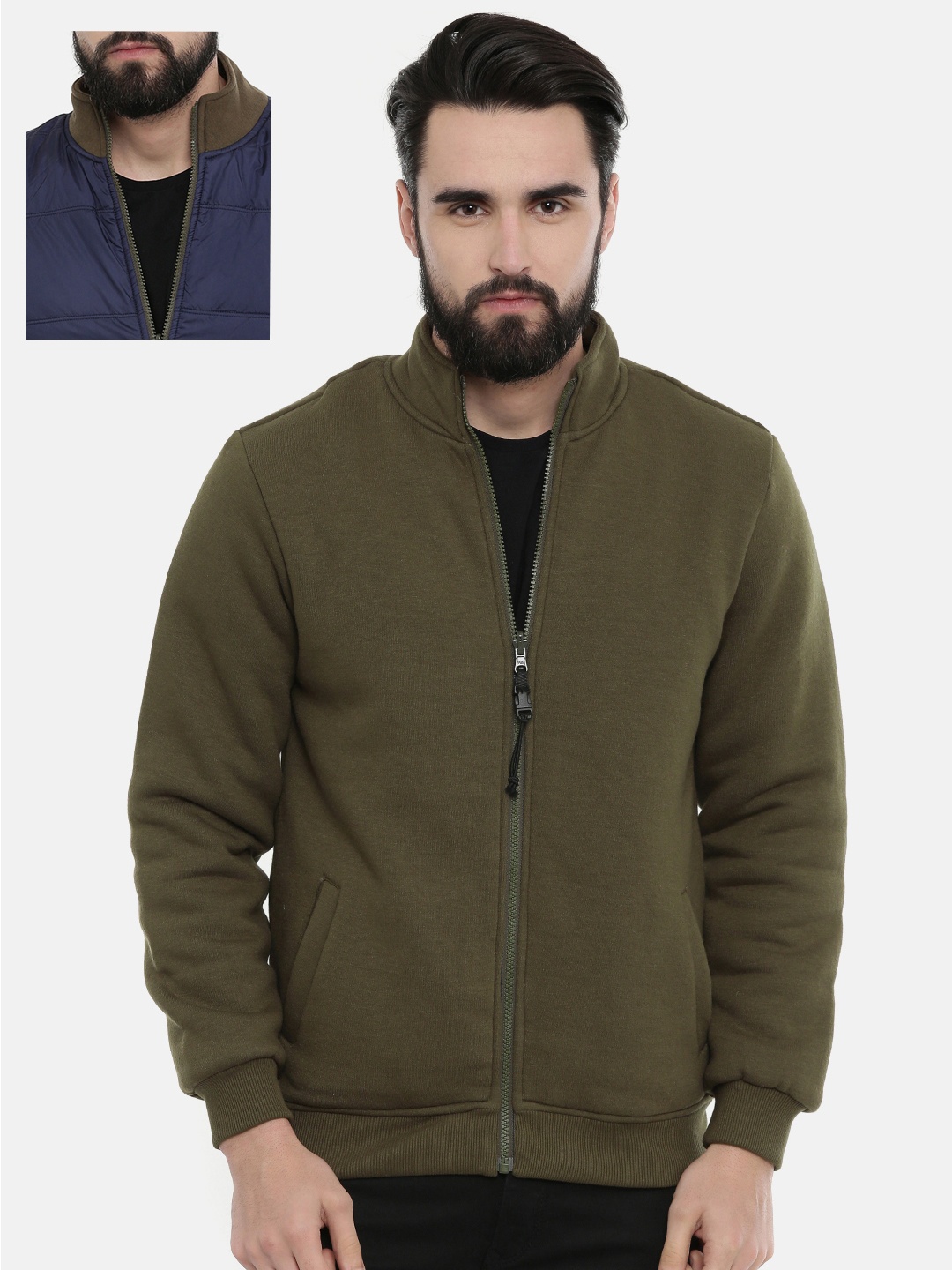 

SPYKAR Men Olive Green & Navy Blue Solid Reversible Sweatshirt