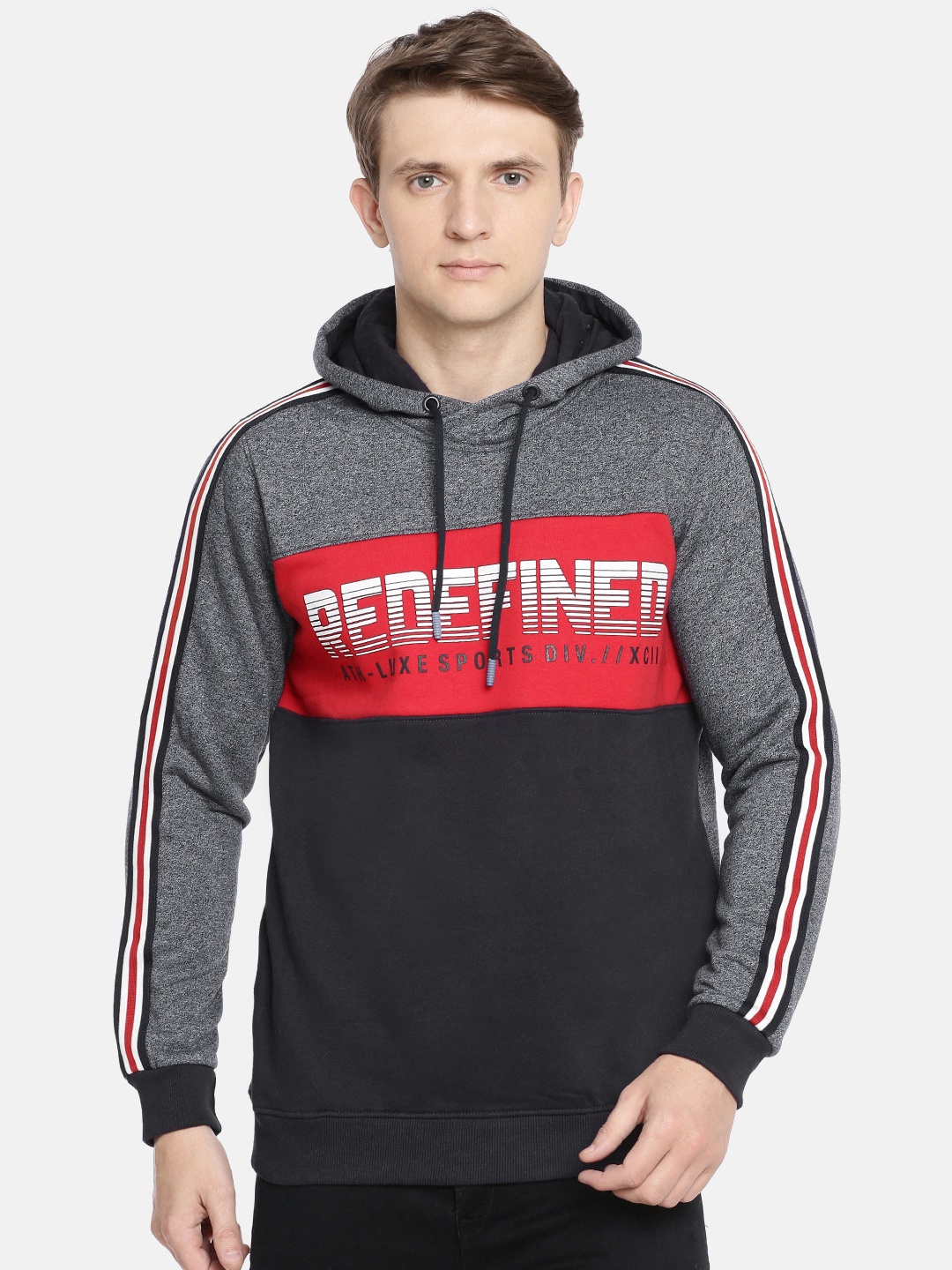 

SPYKAR Men Navy Blue & Red Colourblocked Hooded Sweatshirt