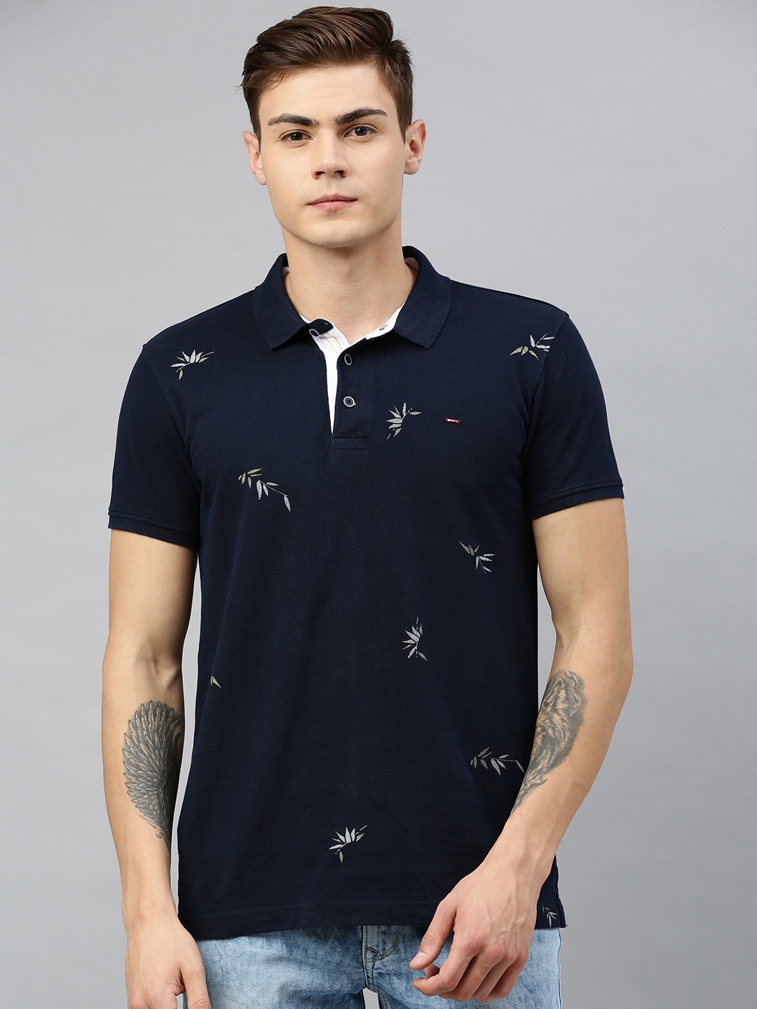 

SPYKAR Men Navy Blue Tropical Printed Polo Collar T-shirt