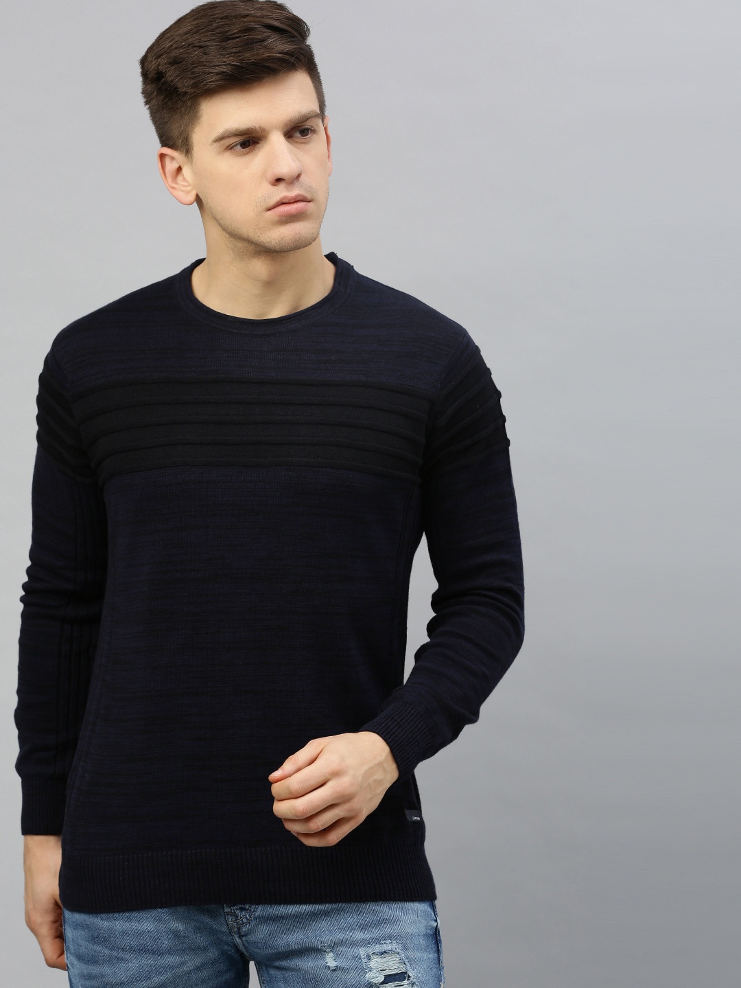 

SPYKAR Men Navy Blue & Black Striped Pullover Sweater