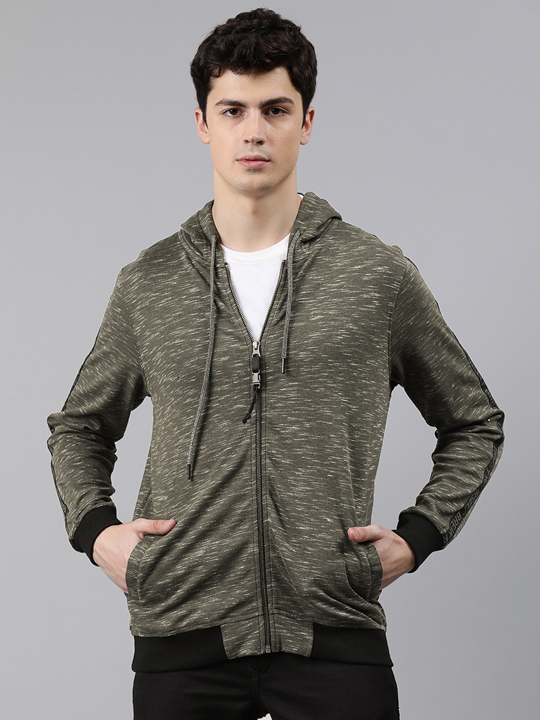 

SPYKAR Men Olive Green Solid Hooded Sweatshirt with Printed Sleeve