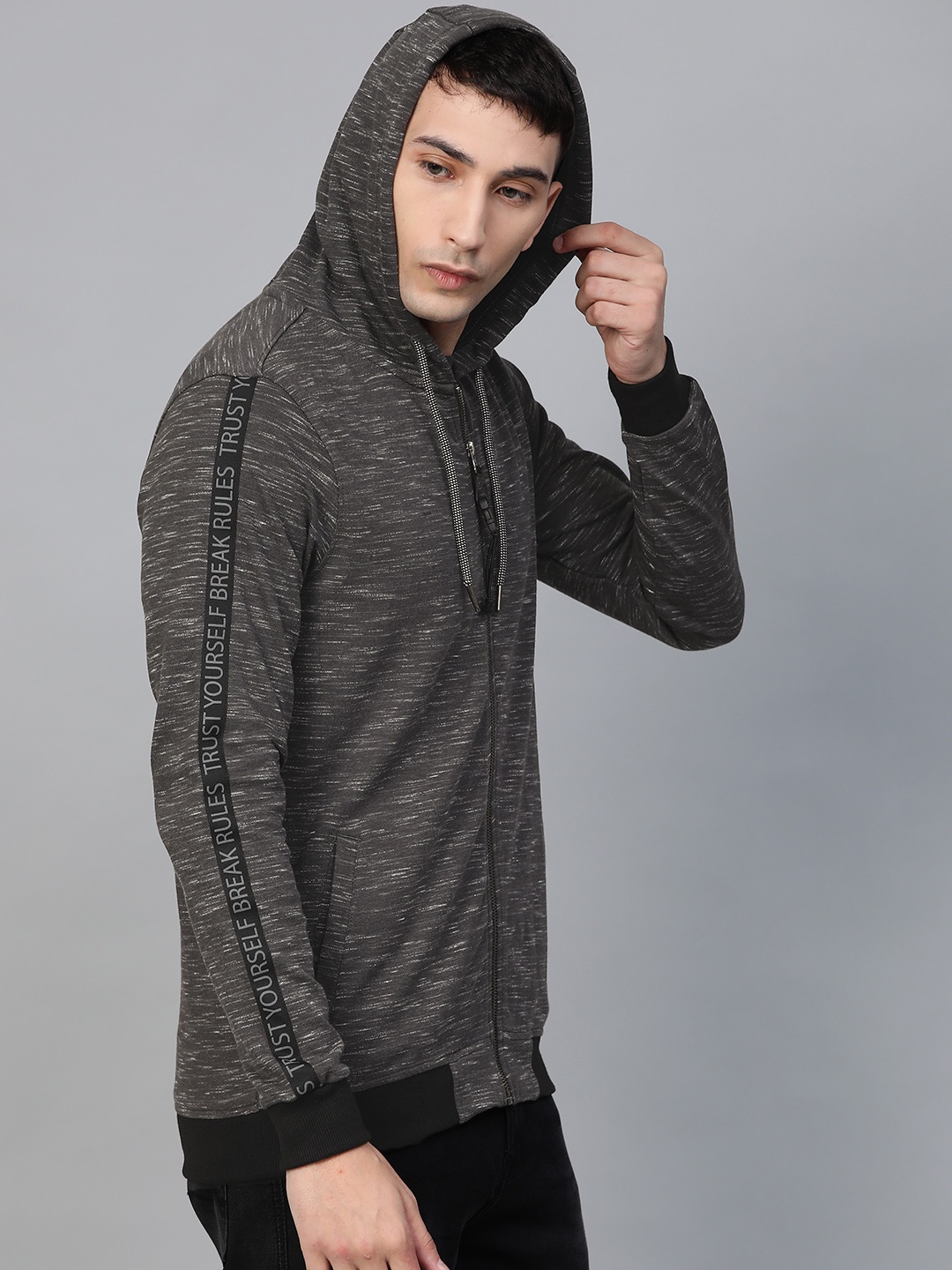 

SPYKAR Men Charcoal Grey Self Design Hooded Sweatshirt