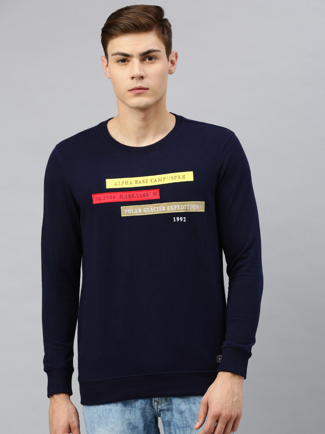 

SPYKAR Men Navy Blue Self Design Round Neck T-shirt