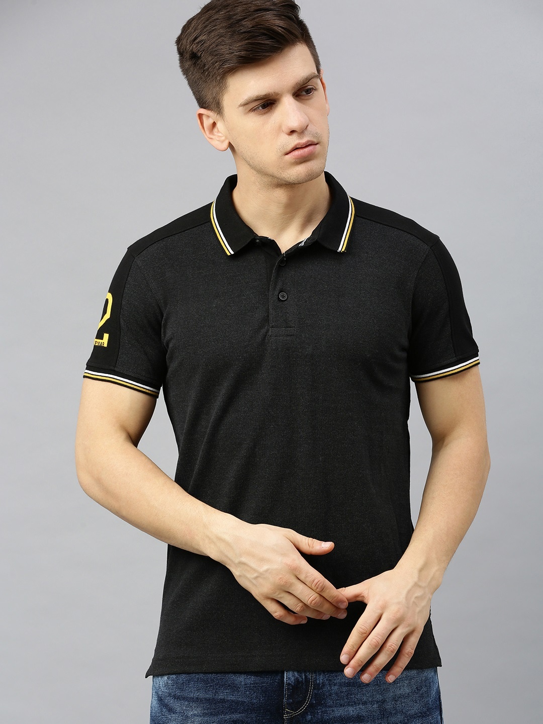 

SPYKAR Men Grey Solid Polo Collar T-shirt with Printed Detail on Sleeve