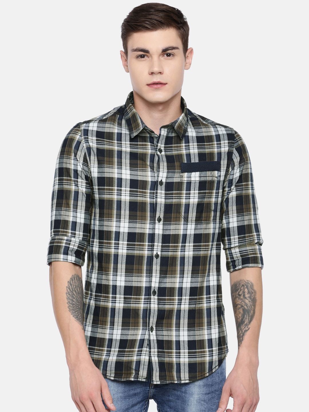 

SPYKAR Men Navy & Olive Green Slim Fit Checked Casual Shirt, Navy blue