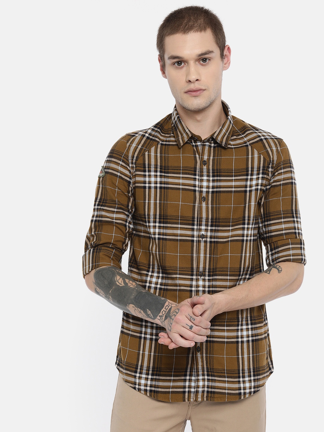 

SPYKAR Men Olive Brown & Navy Blue Slim Fit Checked Casual Shirt