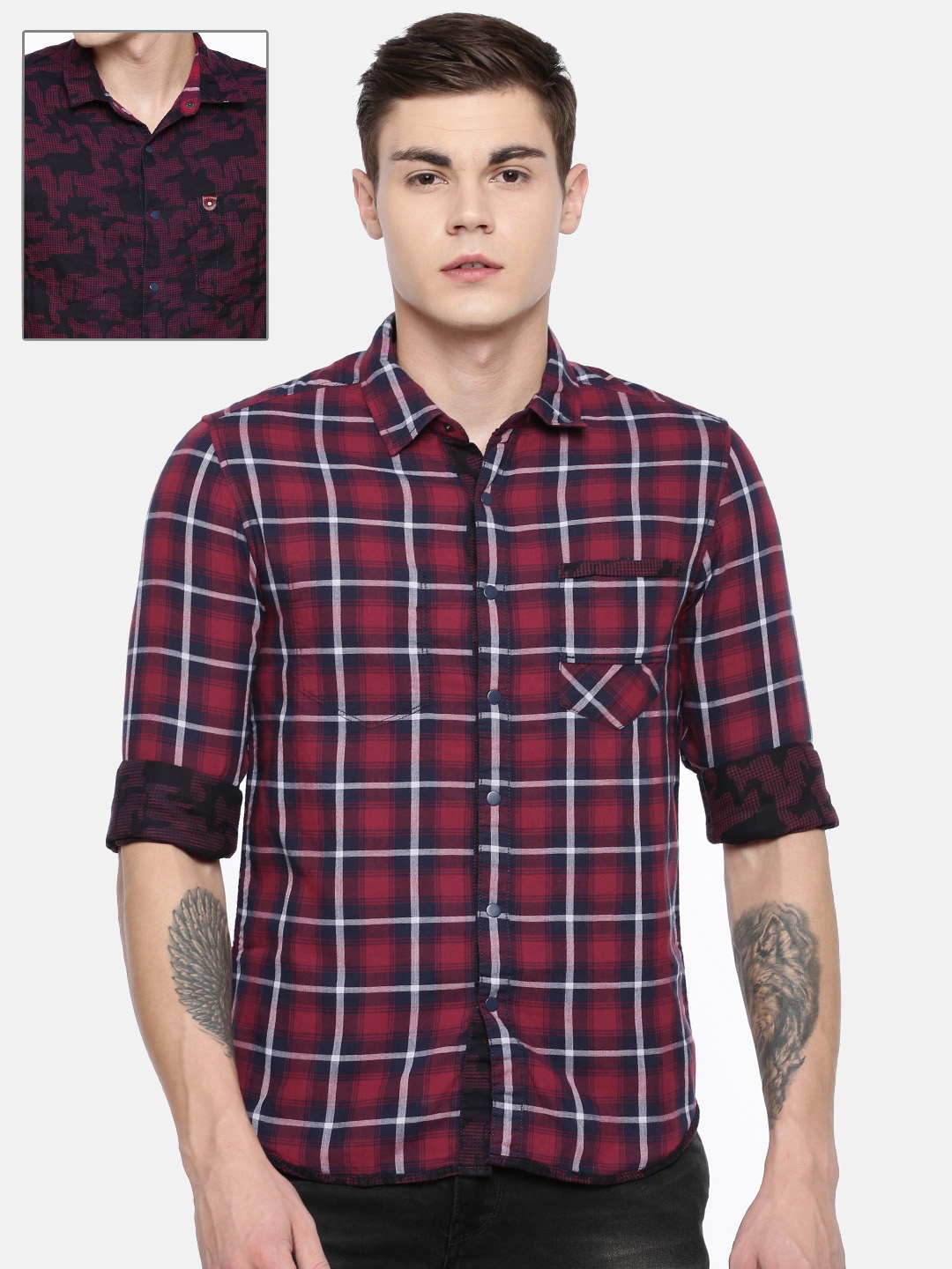 

SPYKAR Men Red & Navy Blue Slim Fit Checked Casual Reversible Shirt