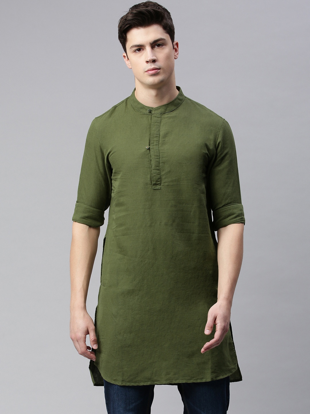 

SPYKAR Men Olive Green Solid Straight Kurta