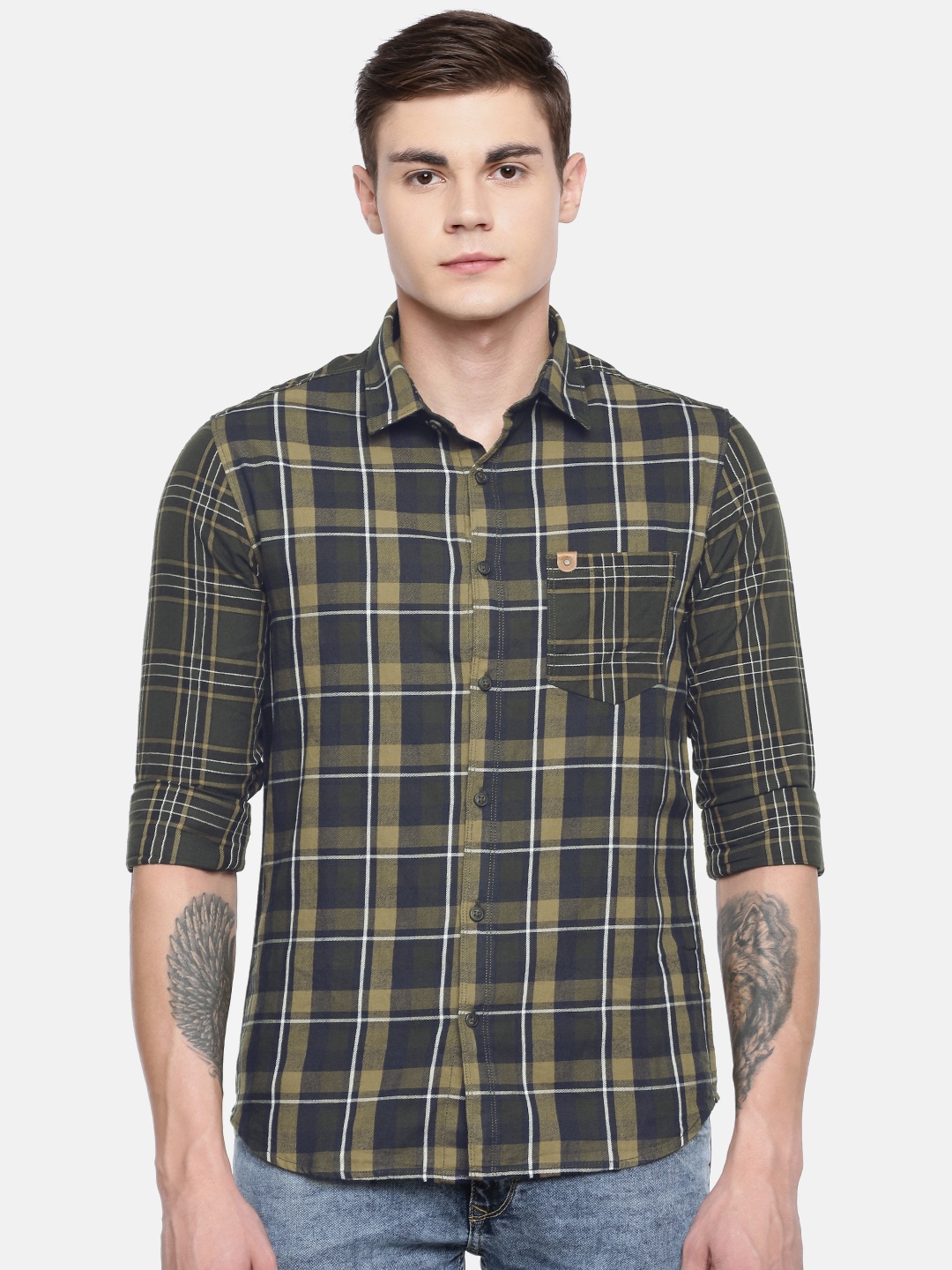

SPYKAR Men Olive Green & Black Slim Fit Checked Casual Shirt