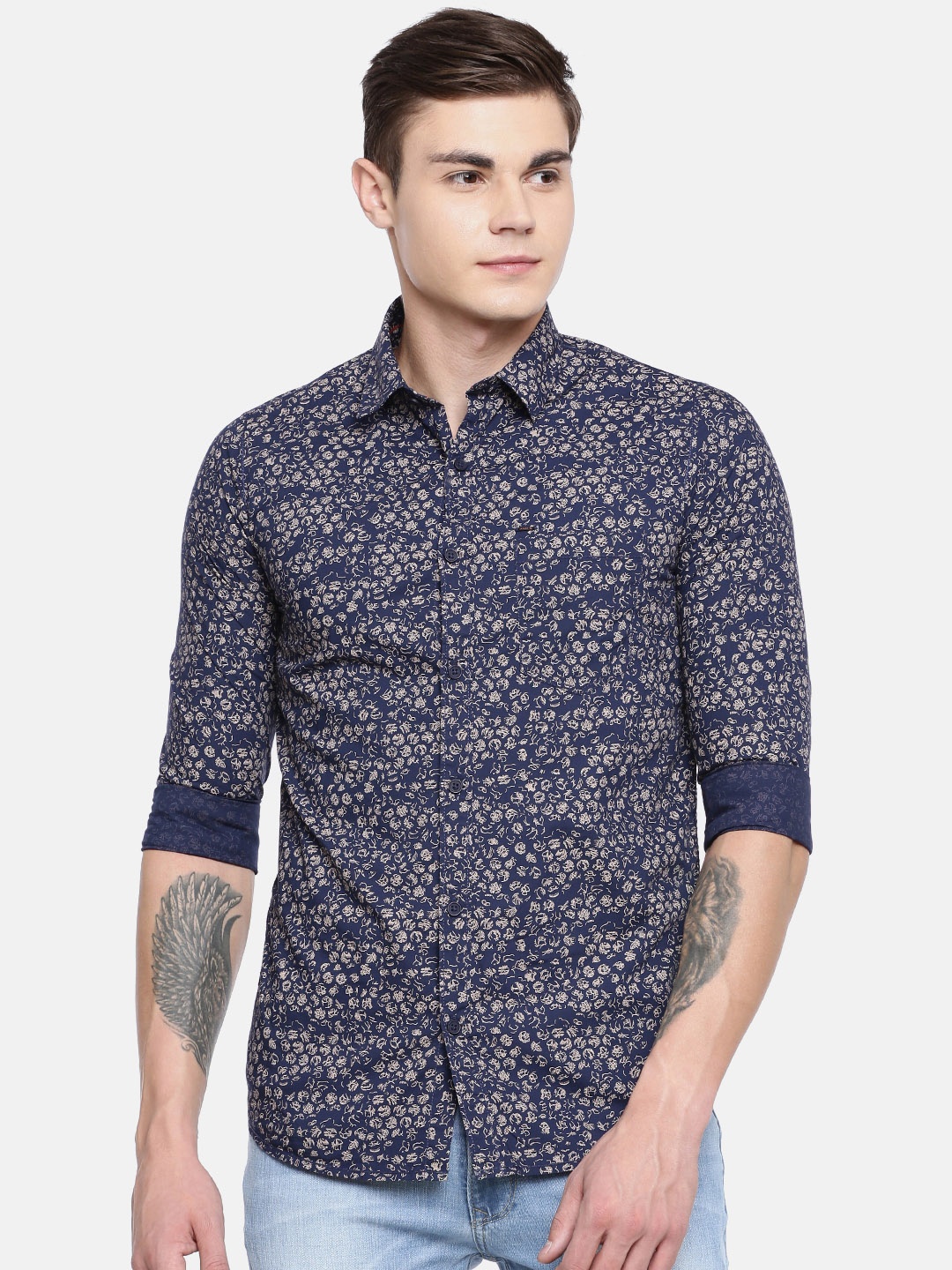 

SPYKAR Men Navy Blue & Beige Slim Fit Printed Casual Shirt
