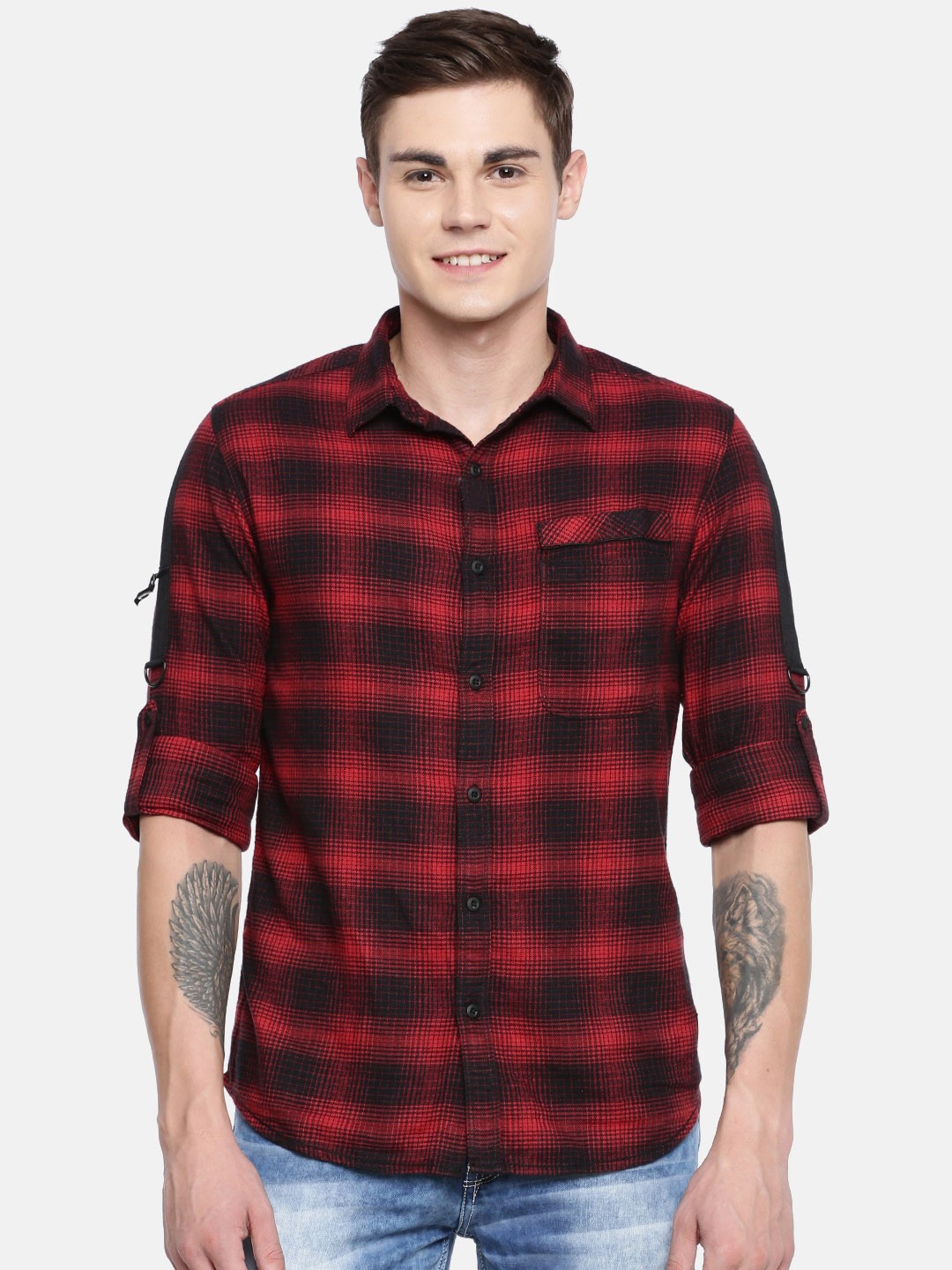 

SPYKAR Men Red & Black Slim Fit Checked Detachable Hooded Casual Shirt