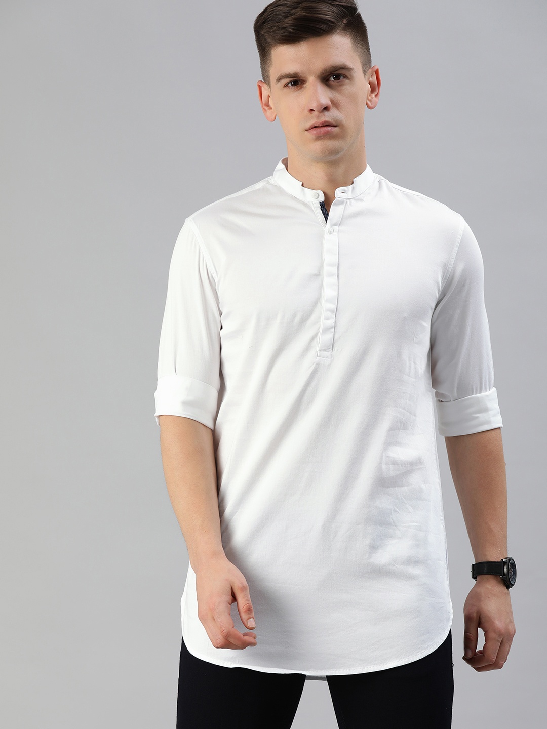 

SPYKAR Men White Slim Fit Solid Longline Casual Shirt