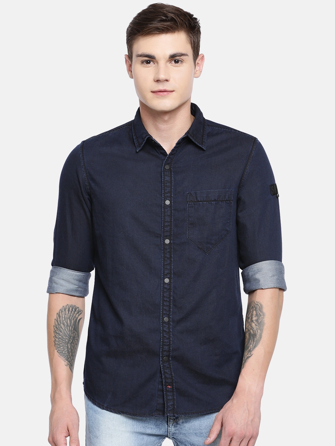 

SPYKAR Men Navy Blue Slim Fit Solid Casual Denim Shirt