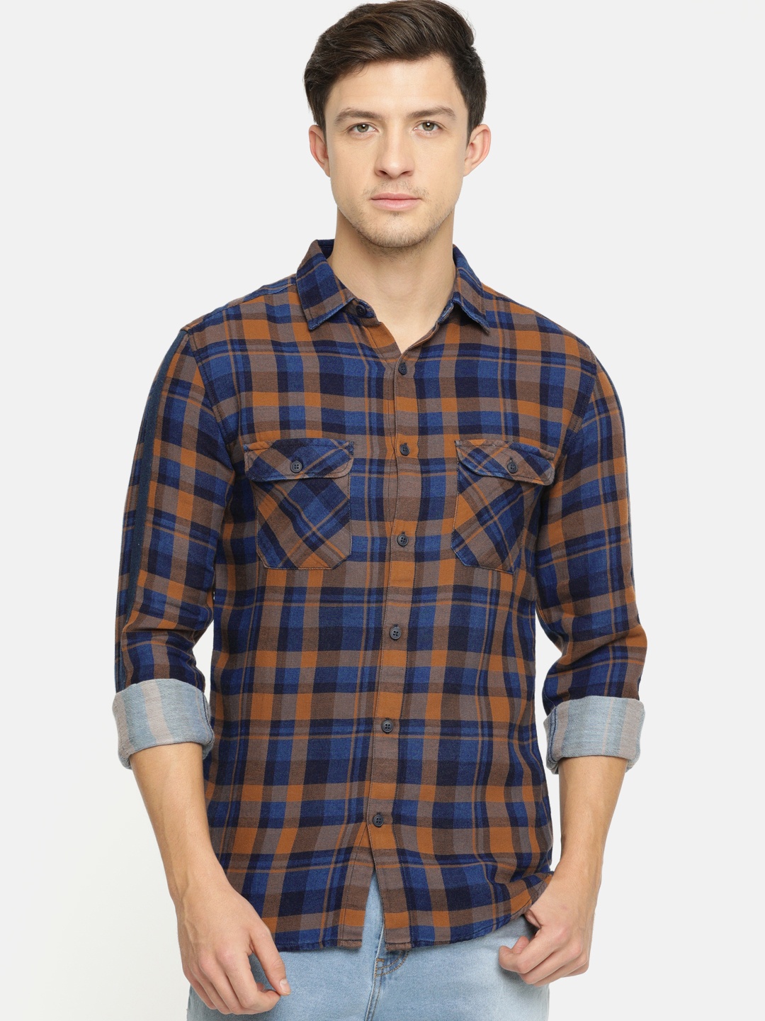 

SPYKAR Men Mustard Yellow & Navy Blue Slim Fit Checked Casual Shirt