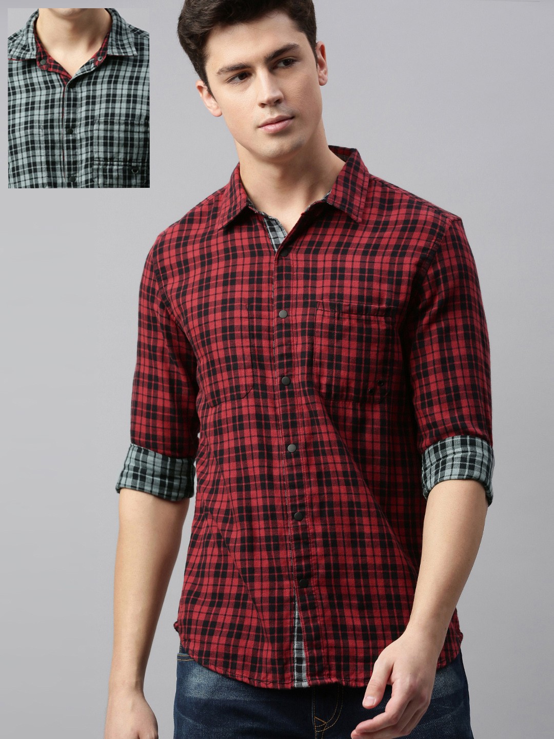 

SPYKAR Men Maroon & Grey Reversible Slim Fit Checked Casual Shirt