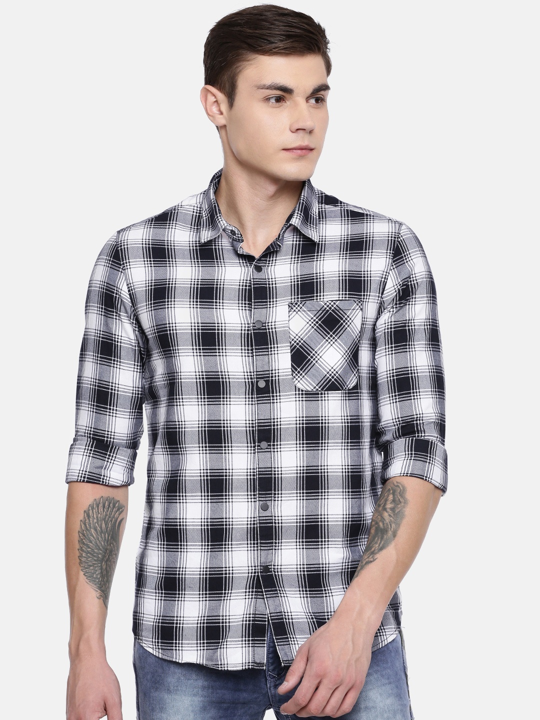 

SPYKAR Men Navy Blue & White Slim Fit Checked Casual Shirt