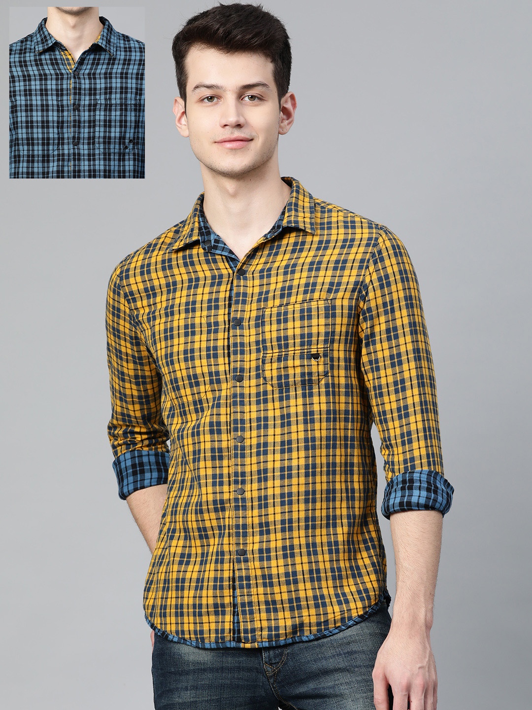 

SPYKAR Men Blue & Mustard Yellow Regular Fit Checked Reversible Casual Shirt