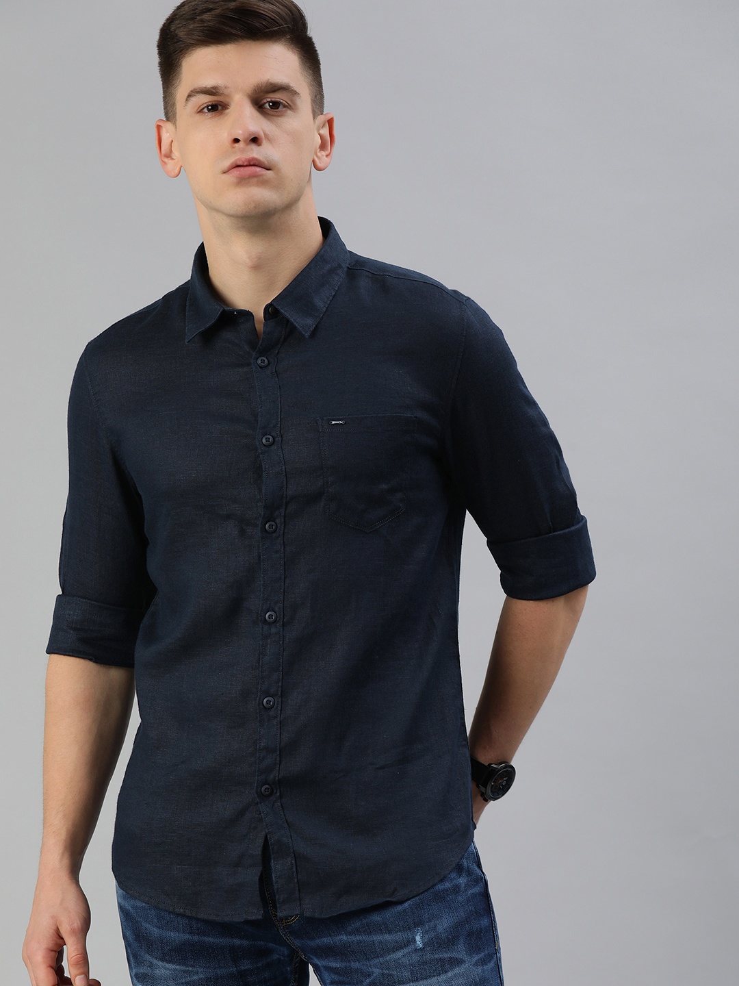 

SPYKAR Men Navy Blue Regular Fit Solid Casual Linen Shirt