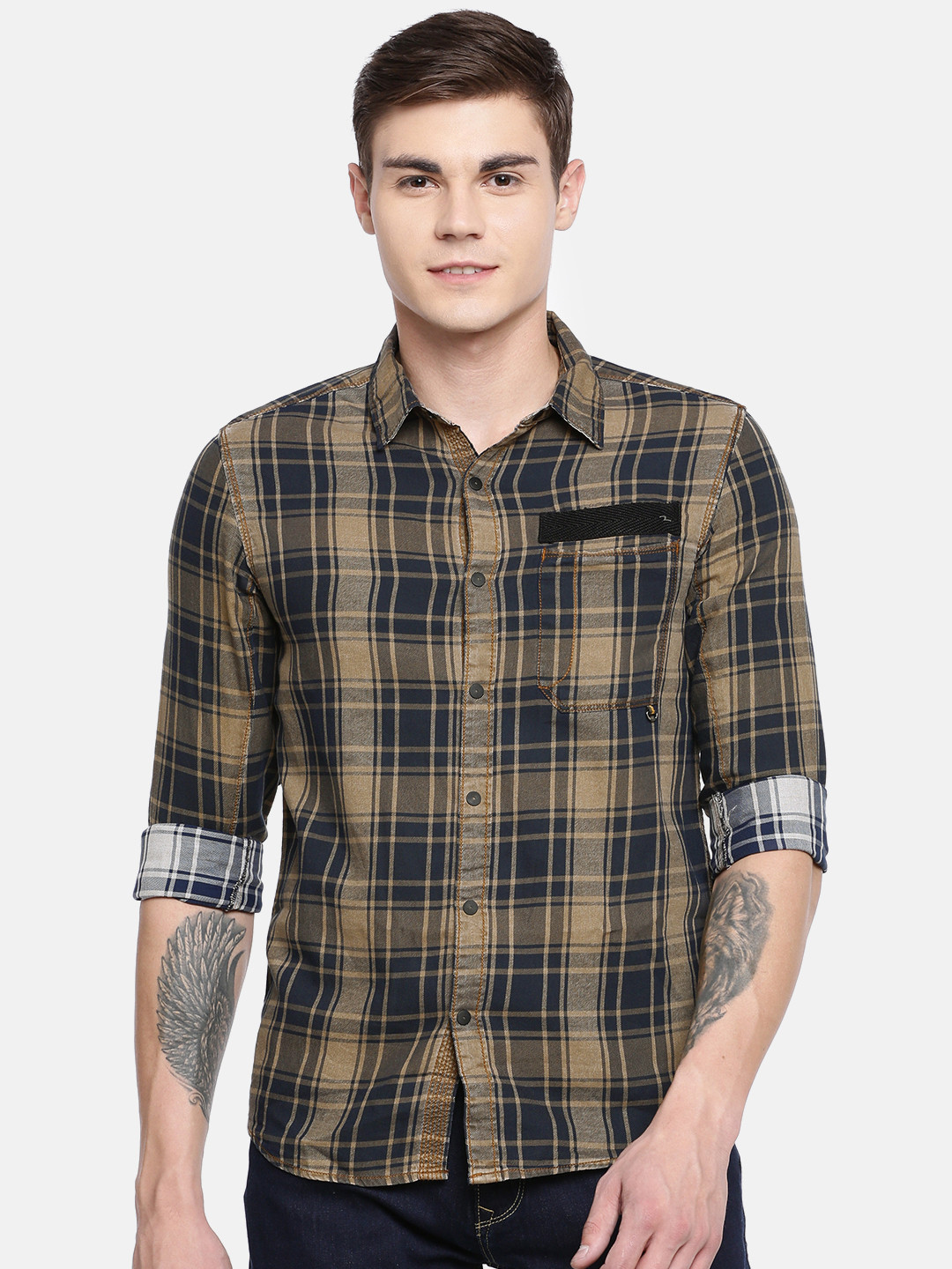 

SPYKAR Men Khaki & Navy Blue Slim Fit Checked Casual Shirt