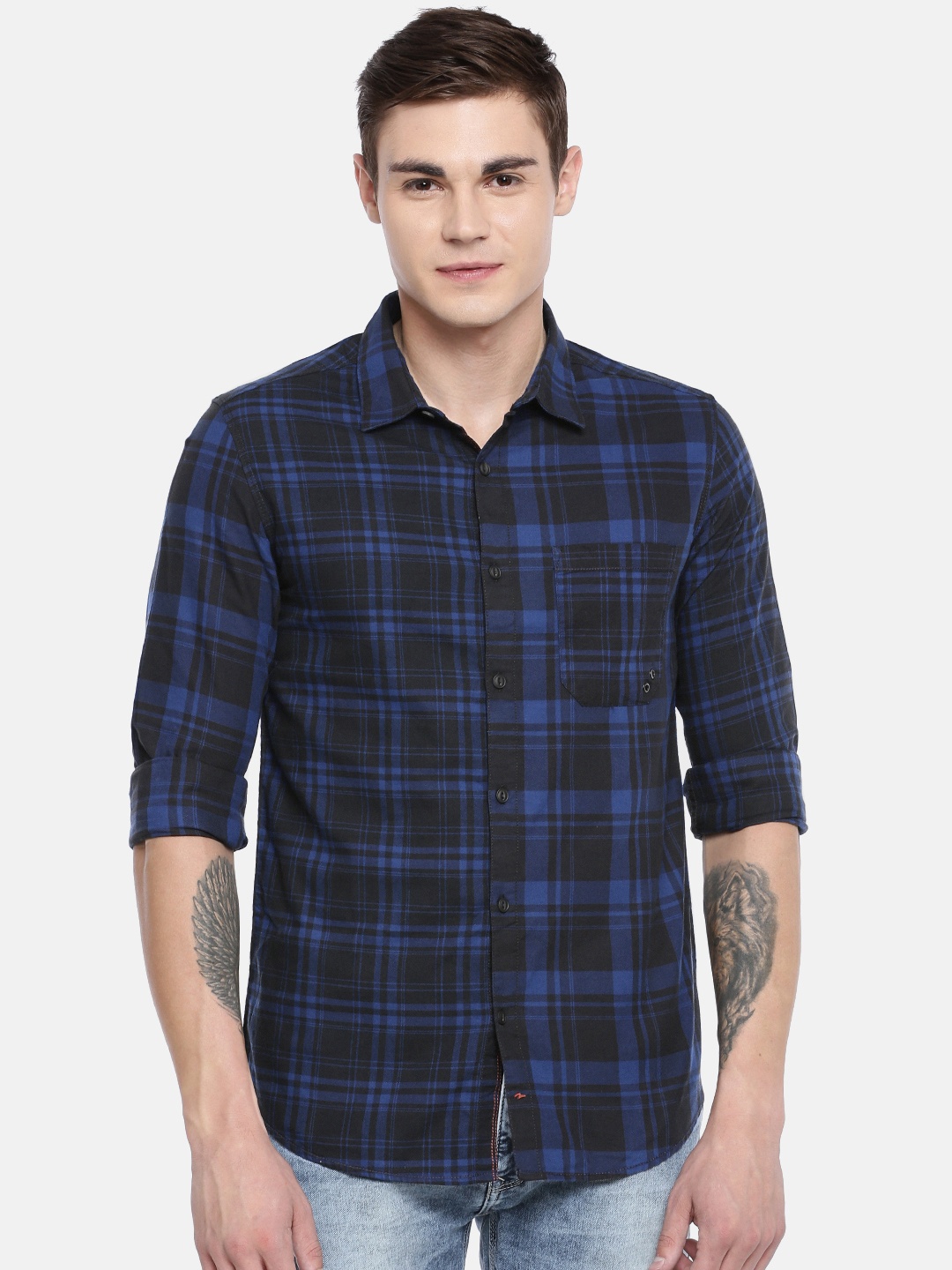 

SPYKAR Men Navy Blue & Black Slim Fit Checked Casual Shirt