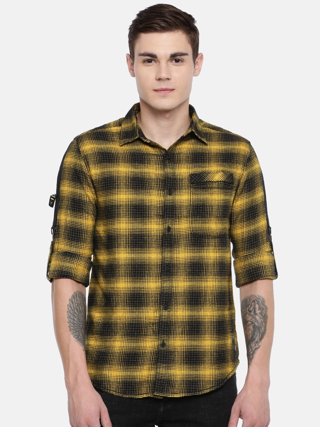

SPYKAR Men Yellow & Black Slim Fit Checked Detachable Hooded Casual Shirt
