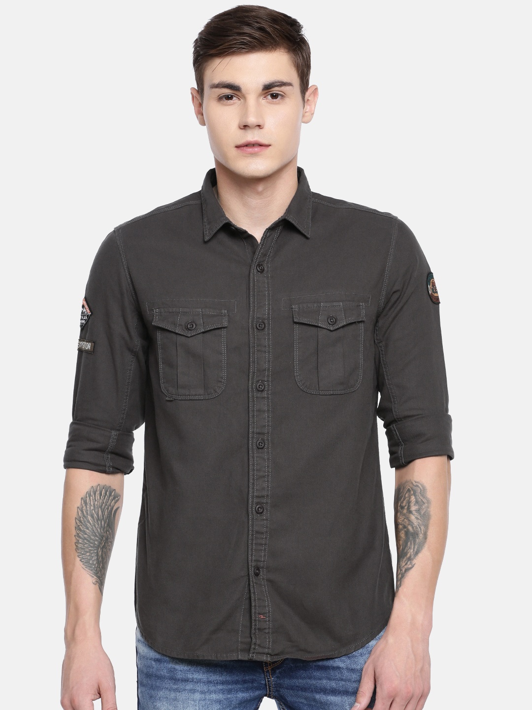 

SPYKAR Men Charcoal Grey Solid Slim Fit Casual Shirt