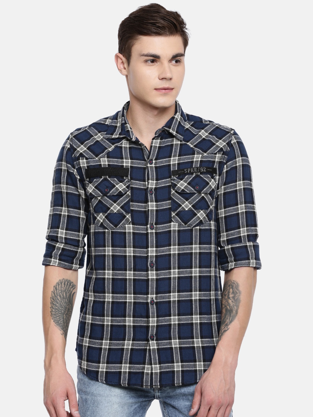 

SPYKAR Men Navy Blue & White Slim Fit Checked Casual Shirt