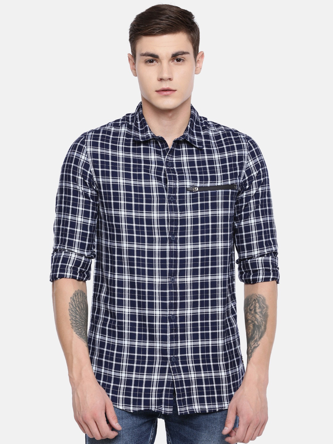 

SPYKAR Men Navy Blue & White YnR Slim Fit Checked Casual Shirt