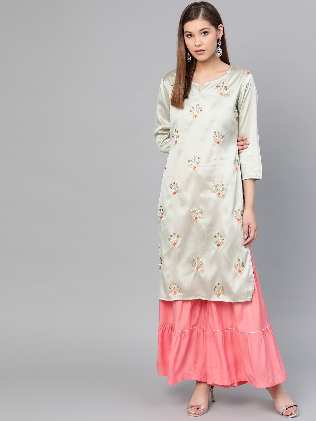 

Yufta Women Mint Green & Pink Embroidered Kurta with Sharara